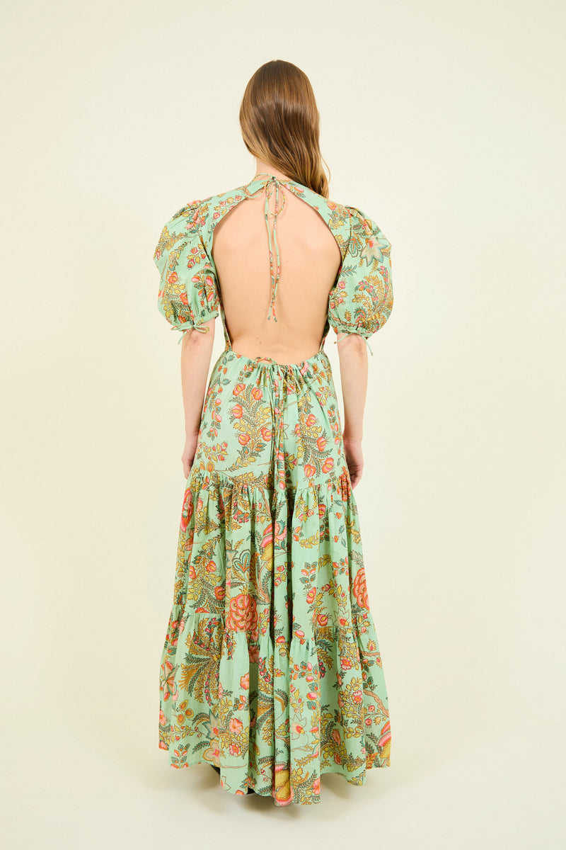 VESTIDO GABRIELLA FLORES TURQUESA