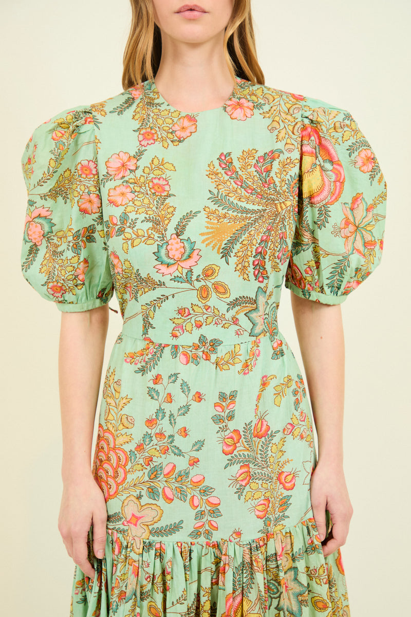 VESTIDO GABRIELLA FLORES TURQUESA